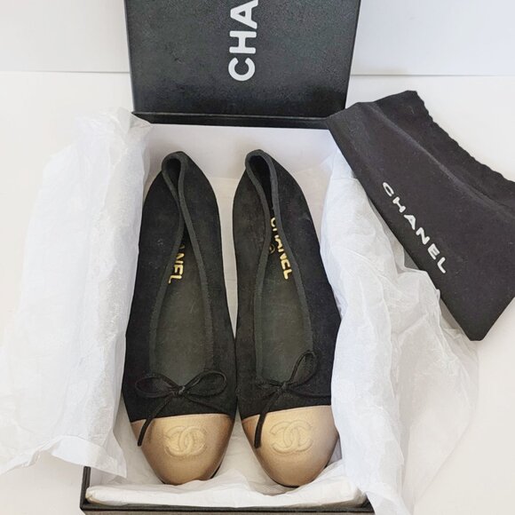 CHANEL Black Suede & Gold Cap Toe Ballet Flats - Size EU 37; Style # AG02819 - Picture 13 of 15